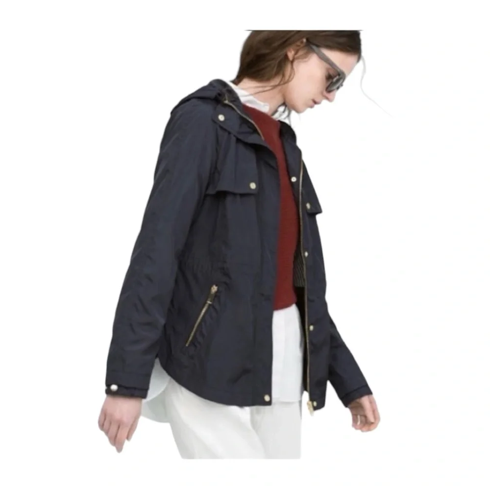 Zara Navy Blue Rain Jacket Hooded Full Zip Gold Tone Zippers & Snaps Size Medium - Picture 3 of 16